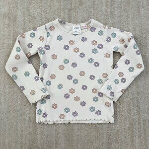 Zara Girls Floral Ribbed Long Sleeve Cotton Top 4-5